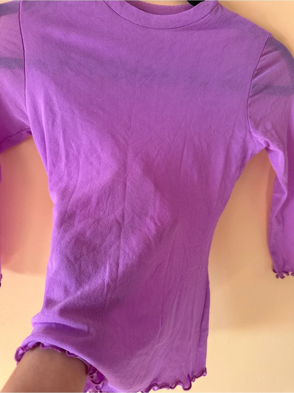 Sheer Lavender Lettuce Hem Stretch Top | Size Medium (Fits Small) - Picture 4 of 7